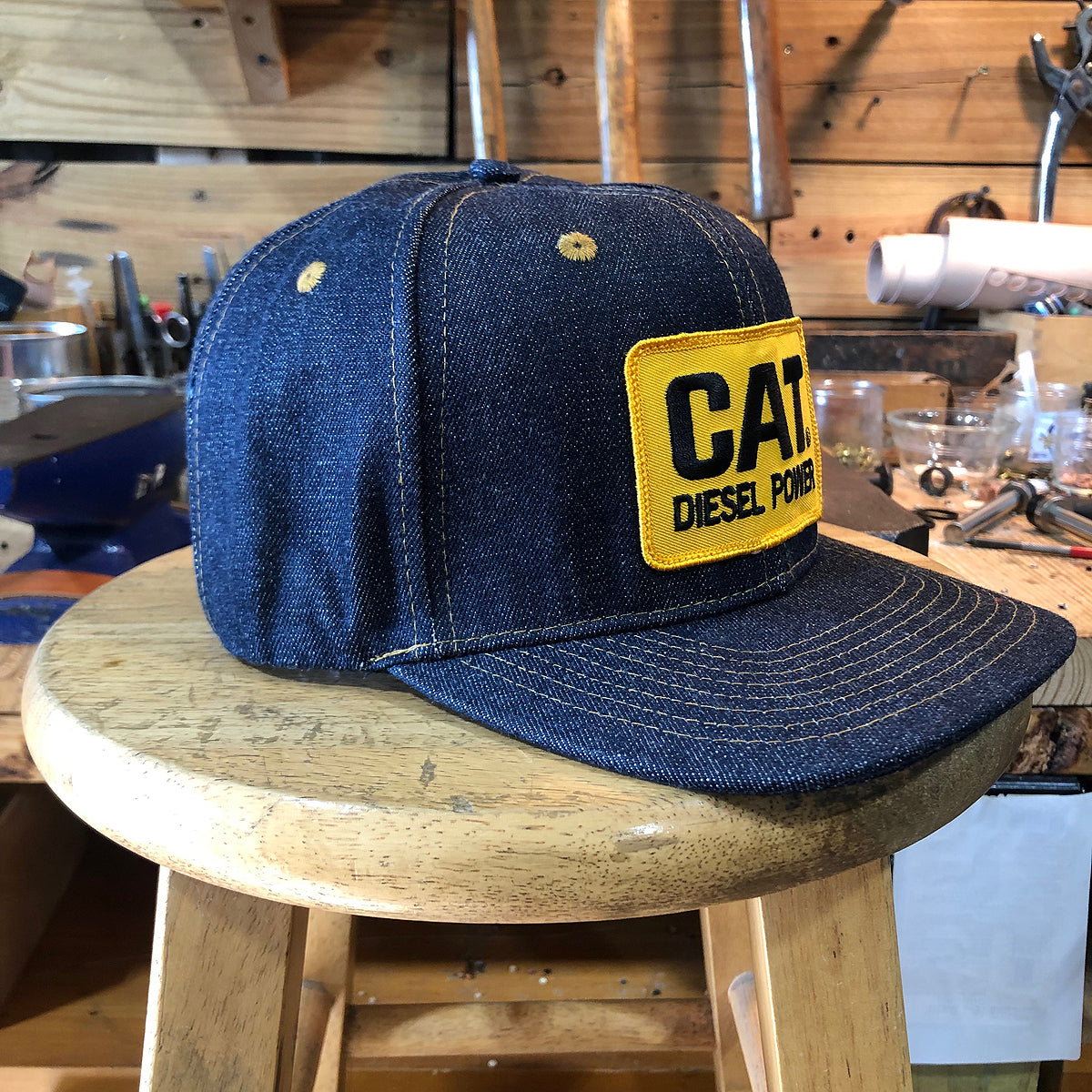 14oz TEXAS Denim Snapback HAT "HIGH CROWN" 1970s Trucker - CAT Power Patch