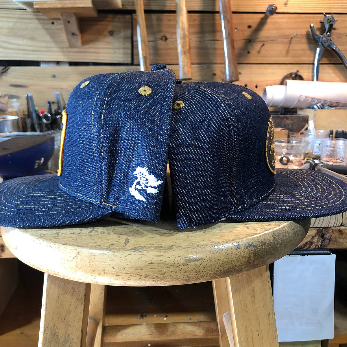 14oz TEXAS Denim Snapback HAT "HIGH CROWN" 1970s Trucker - CAT Power Patch