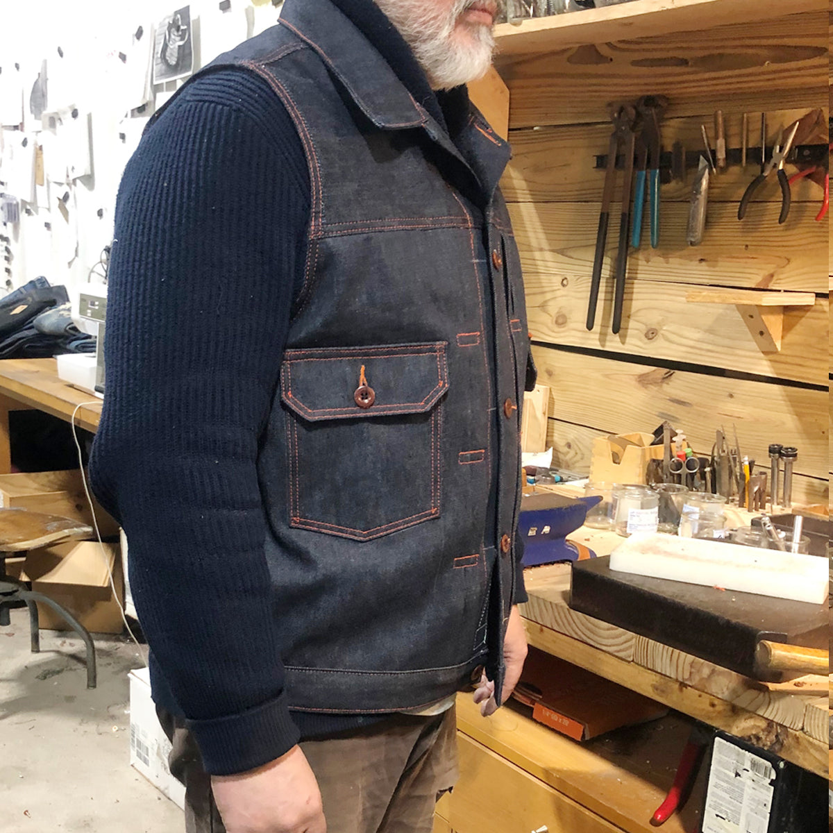 14oz Indigo Cone Mills Orange Selvage Biker Vest