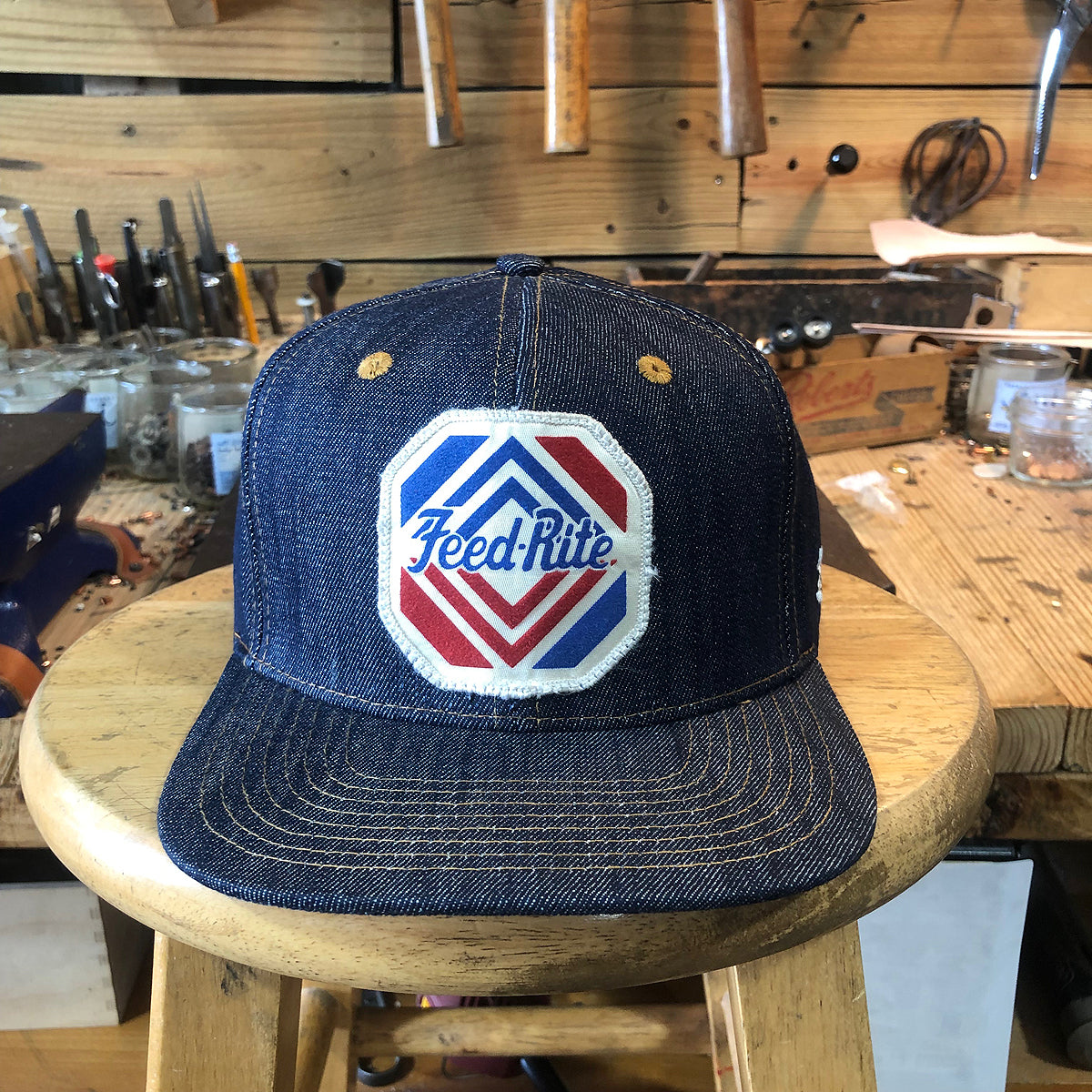 VINTAGE 1980's "FEED-RITE" Patch - 14oz TEXAS Denim Snapback HAT