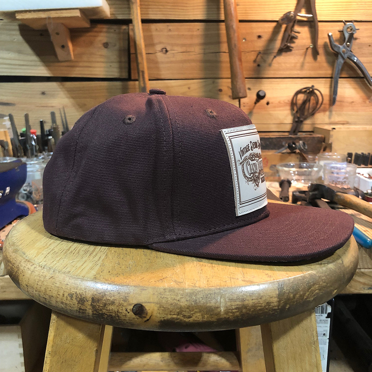 18oz USA Duck Canvas Snapback HAT Blank "BROWN" Veg Tan Leather Patch