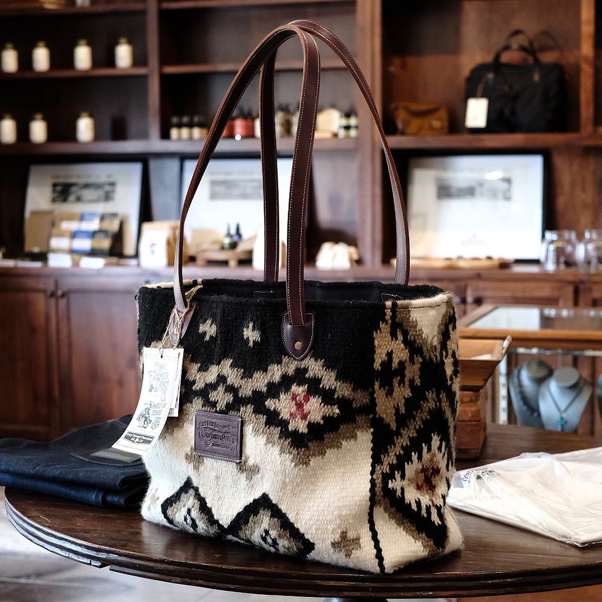 Hand Woven 100% WOOL Southwestern Tote Bag Black Cream