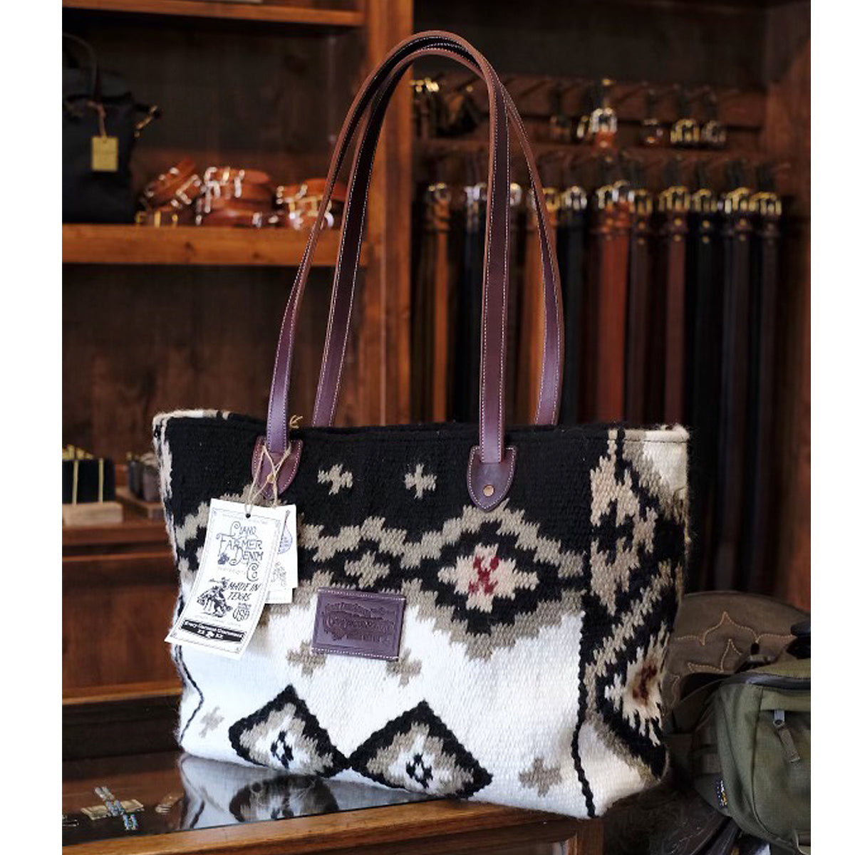 Hand Woven 100% WOOL Southwestern Tote Bag Black Cream